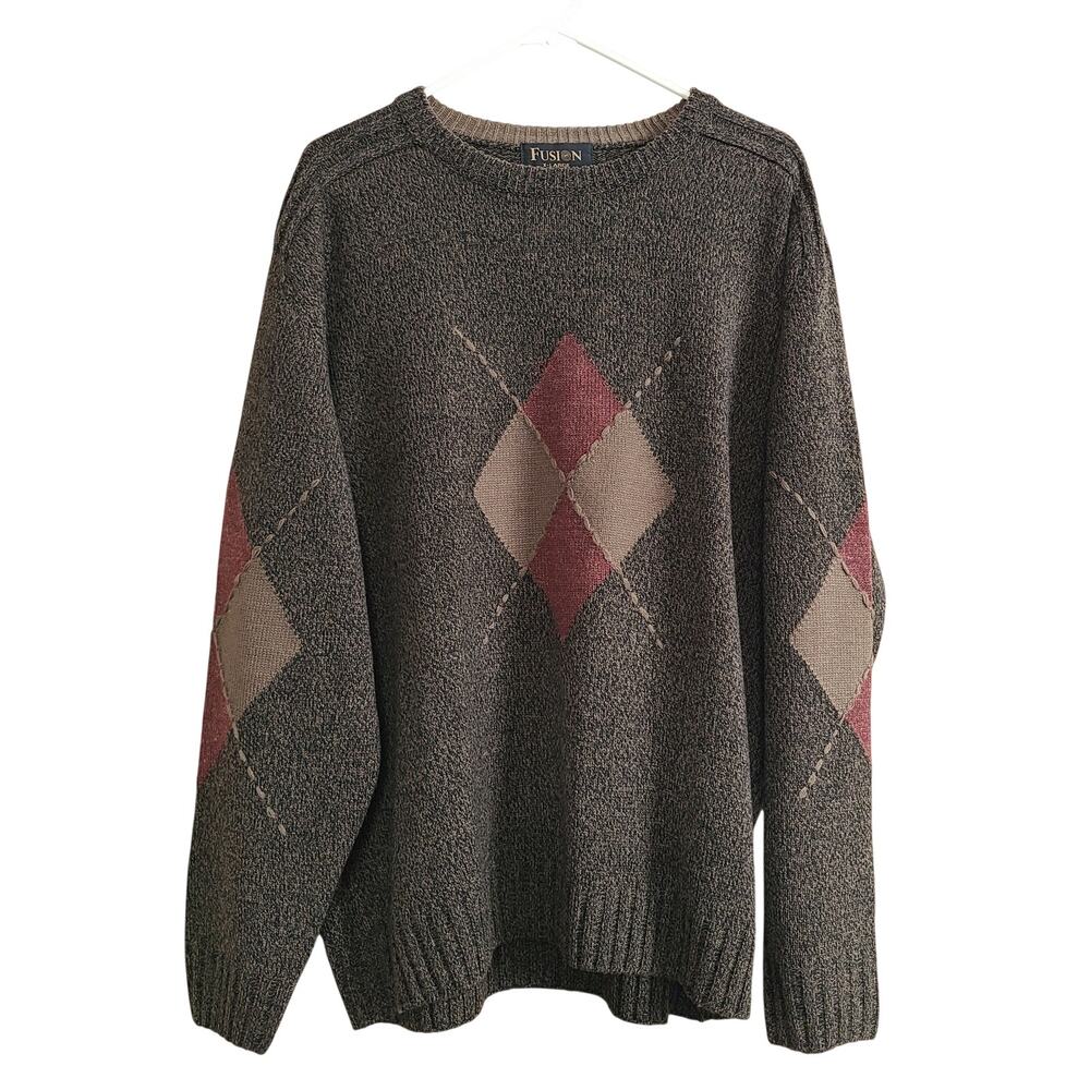 VTG Fusion Argyle‎ Knit Sweater Mens XL Wool Blend Grandpa Preppy Grunge Cosby